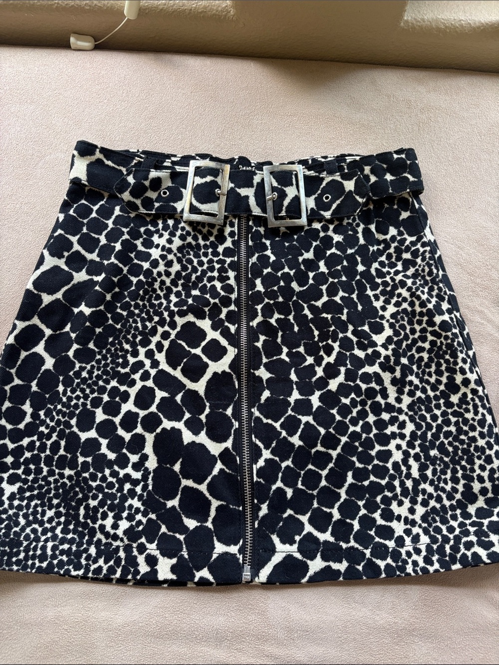 Topshop Black and White Animal-Print Belted Mini Skirt
